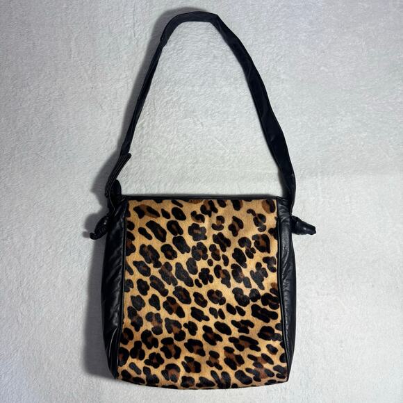 Vintage 80s Leather & Pony Hair Leopard Print Shoulder Bag